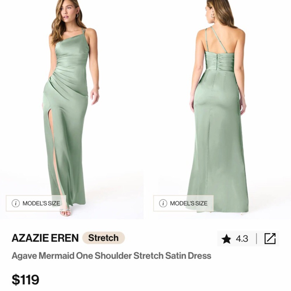 Azazie Eren Agave Green One Shoulder Satin Dress size 14